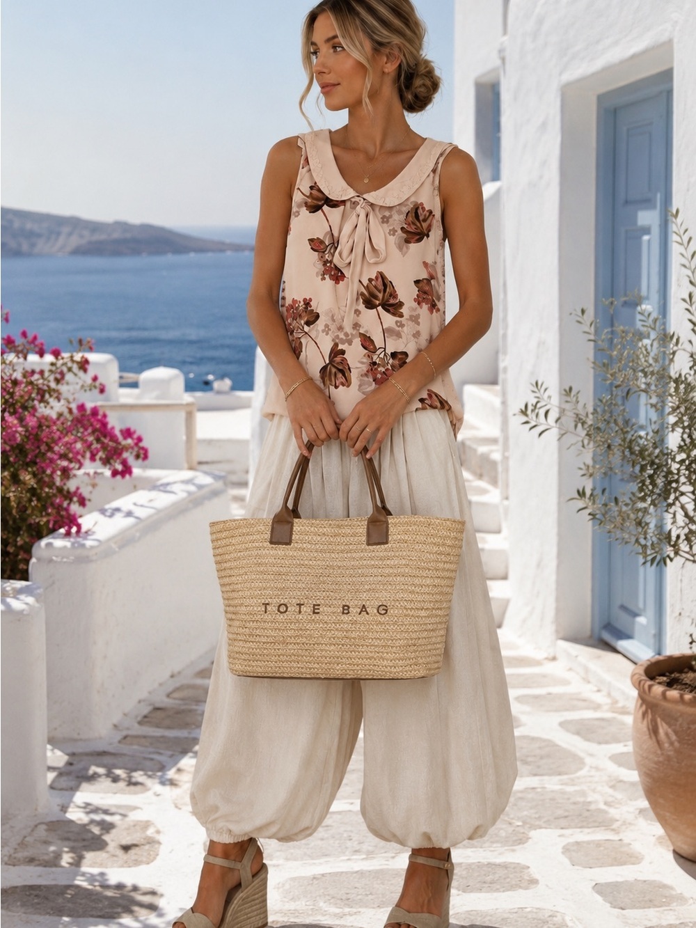 🆕Straw like  Tote Bag with Brown Handles - Casual Summer Beach Tote